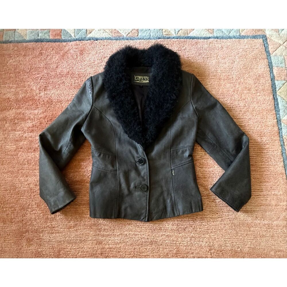 GUESS Dark Olive Genuine Leather Jacket with Black Faux Fur Collar Size S